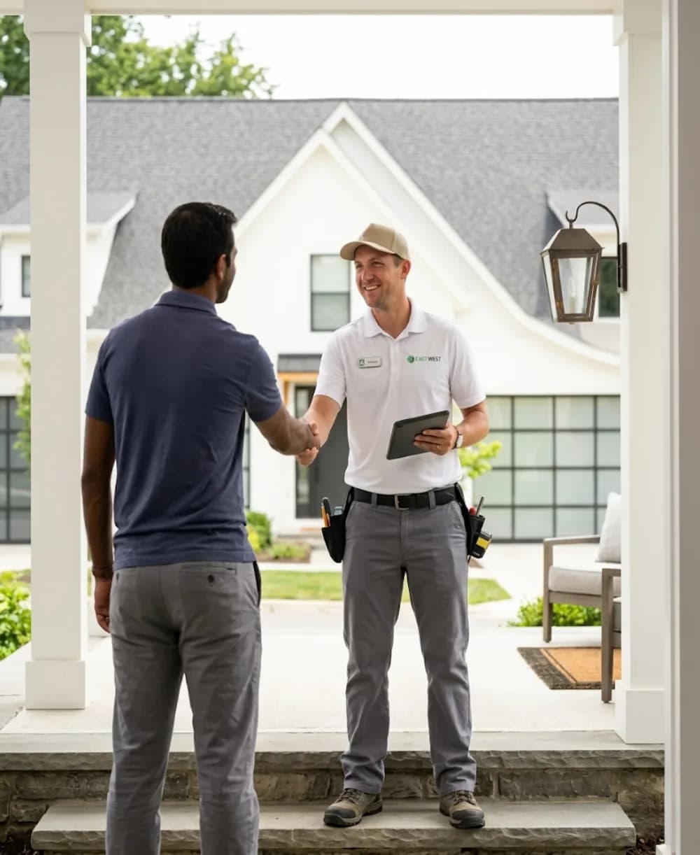 An East West Maintenance crew member greeting a property owner at the door